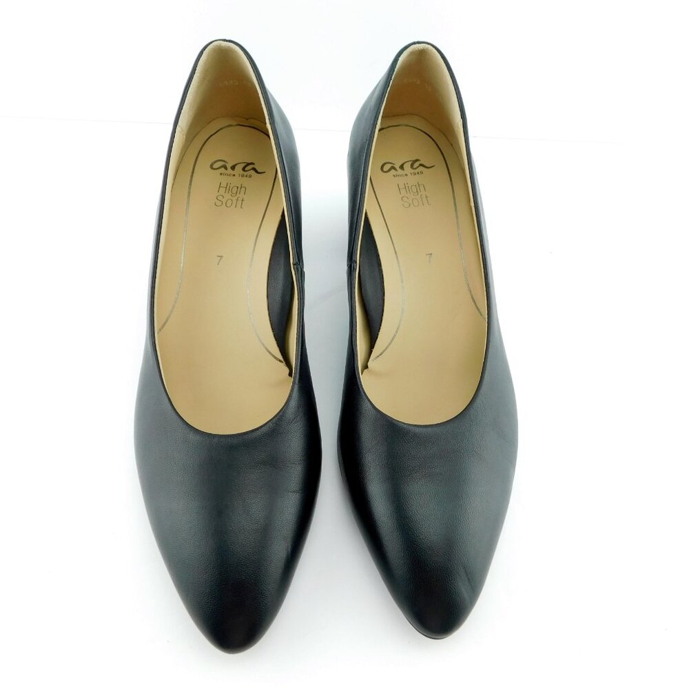 ARA HIGH SOFT Black Leather Block Heel Pumps 7UK